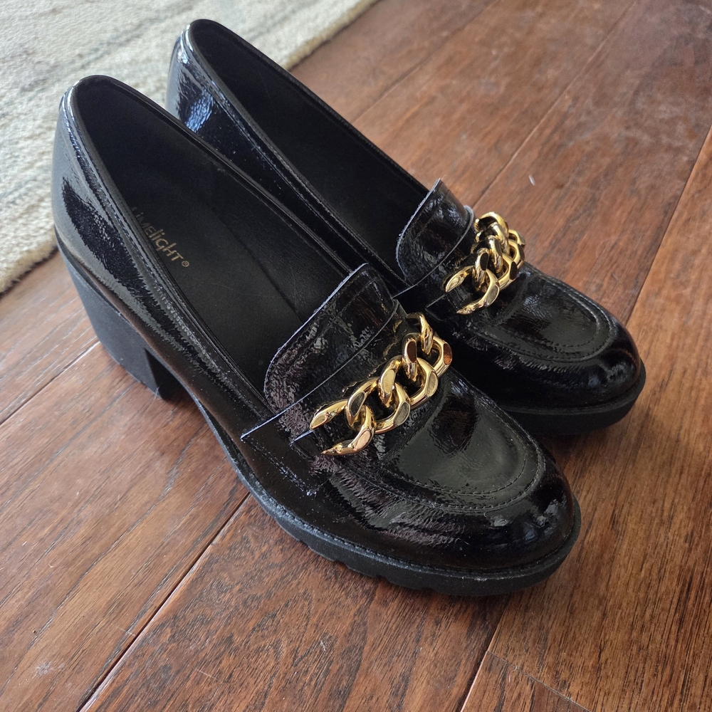Limelight Black Patent Heels with Gold Chain